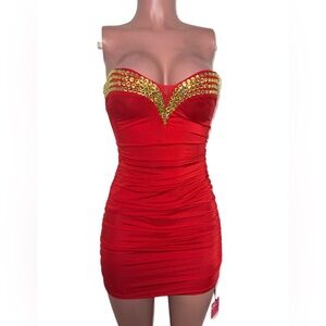 Elegant Red Strapless Dress with Gold Accents